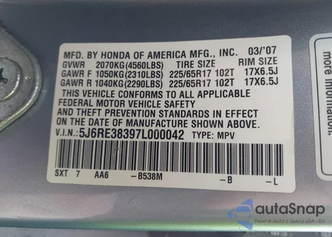 2007 Honda Cr-V Lx из США, поврежденный, VIN 5J6RE38397L000042